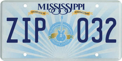 MS license plate ZIP032