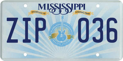 MS license plate ZIP036