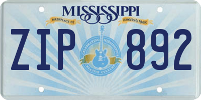 MS license plate ZIP892