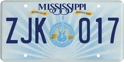 MS license plate ZJK017