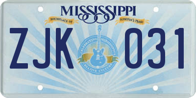 MS license plate ZJK031
