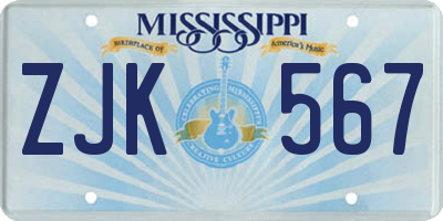 MS license plate ZJK567