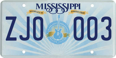 MS license plate ZJO003
