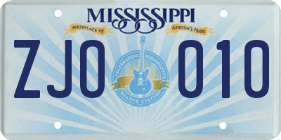 MS license plate ZJO010