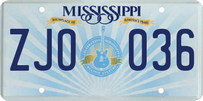 MS license plate ZJO036