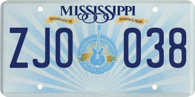 MS license plate ZJO038