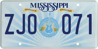 MS license plate ZJO071
