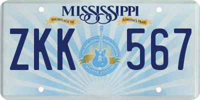 MS license plate ZKK567