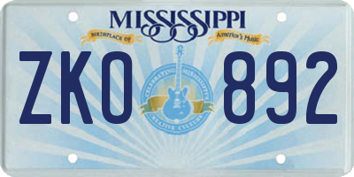 MS license plate ZKO892