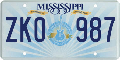 MS license plate ZKO987
