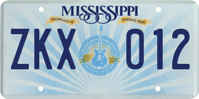 MS license plate ZKX012
