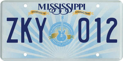 MS license plate ZKY012