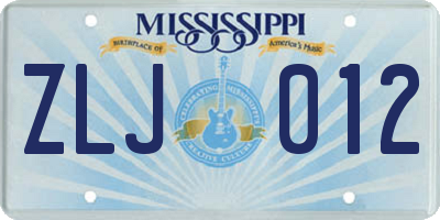 MS license plate ZLJ012