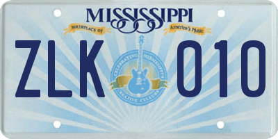 MS license plate ZLK010