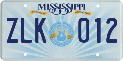 MS license plate ZLK012