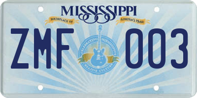 MS license plate ZMF003