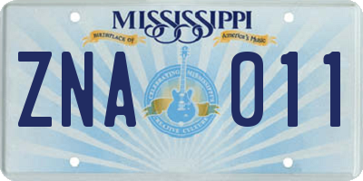 MS license plate ZNA011