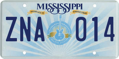 MS license plate ZNA014