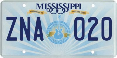 MS license plate ZNA020