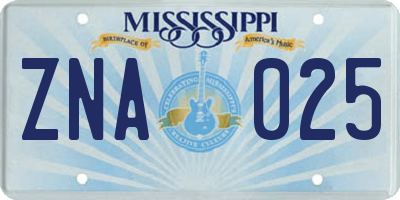 MS license plate ZNA025