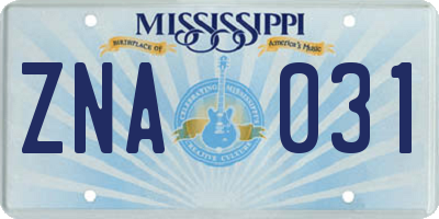 MS license plate ZNA031