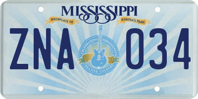 MS license plate ZNA034