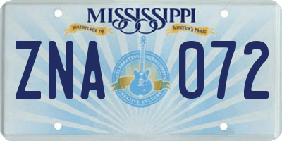 MS license plate ZNA072