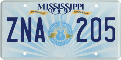 MS license plate ZNA205