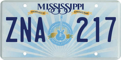 MS license plate ZNA217