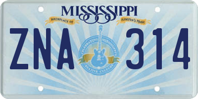 MS license plate ZNA314