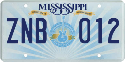 MS license plate ZNB012