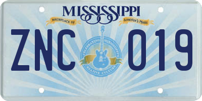 MS license plate ZNC019