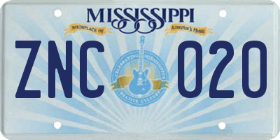 MS license plate ZNC020