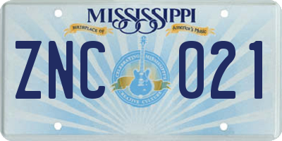 MS license plate ZNC021