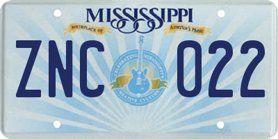 MS license plate ZNC022