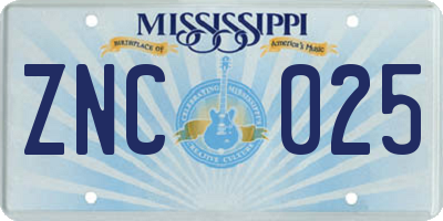 MS license plate ZNC025