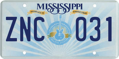 MS license plate ZNC031