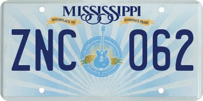 MS license plate ZNC062