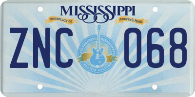 MS license plate ZNC068