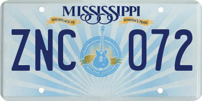 MS license plate ZNC072