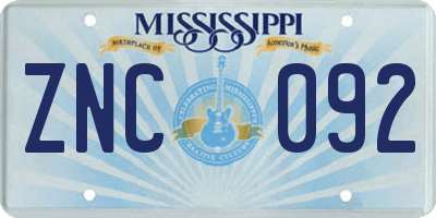 MS license plate ZNC092
