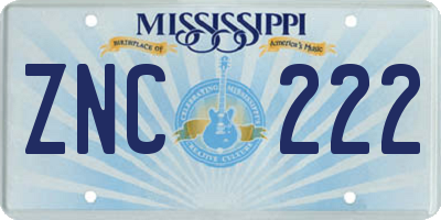 MS license plate ZNC222