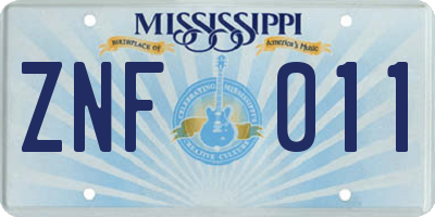 MS license plate ZNF011