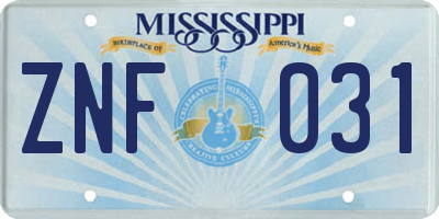 MS license plate ZNF031