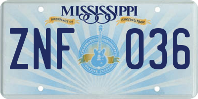 MS license plate ZNF036