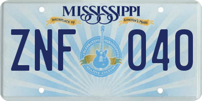 MS license plate ZNF040