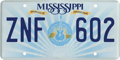 MS license plate ZNF602