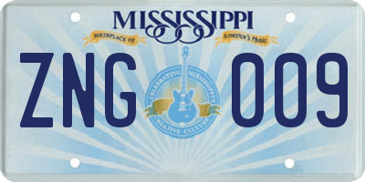 MS license plate ZNG009