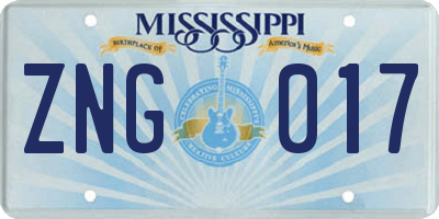 MS license plate ZNG017