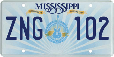 MS license plate ZNG102